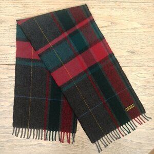 Eddie Bauer red green gray wool plaid scarf with fringe